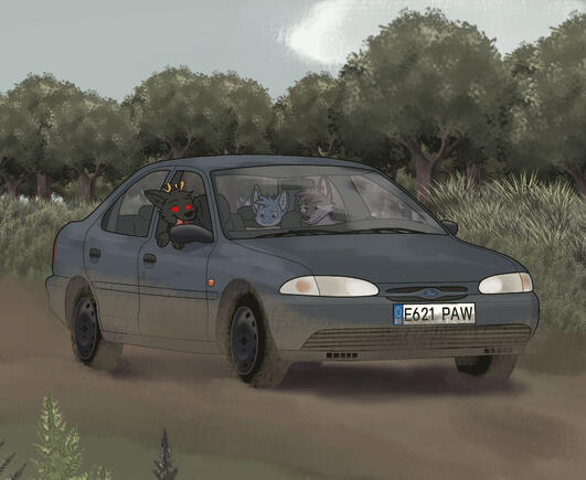 3 Furries and car